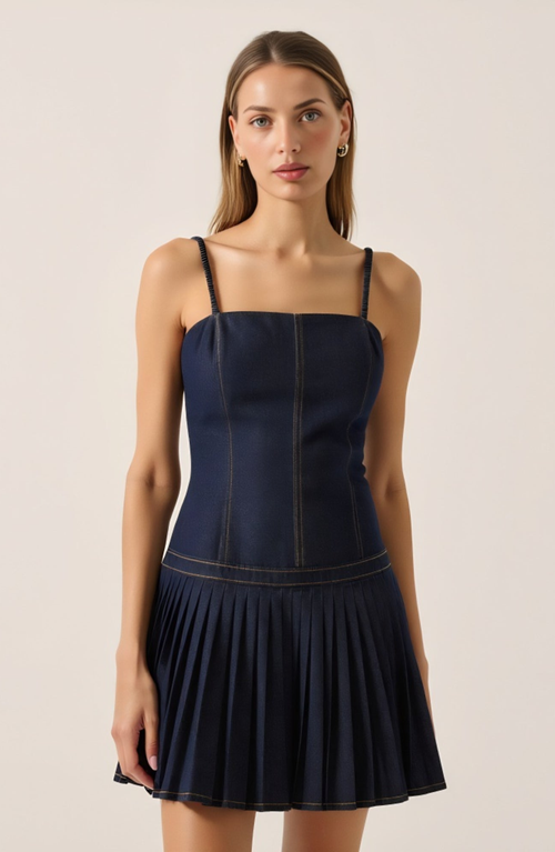 Modenaire Denim Mini Dress With Spaghetti Straps And Pleated Skirt In Blue