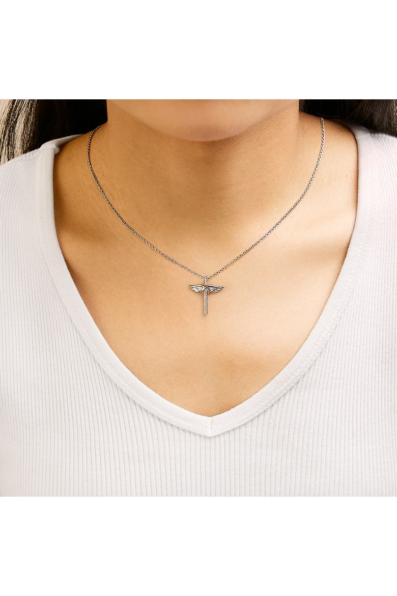 14K Rose Gold Plated Sterling Silver 1/5 Cttw Diamond Wing Cross Pendant Necklace, Alternate, color, White Gold over Silver