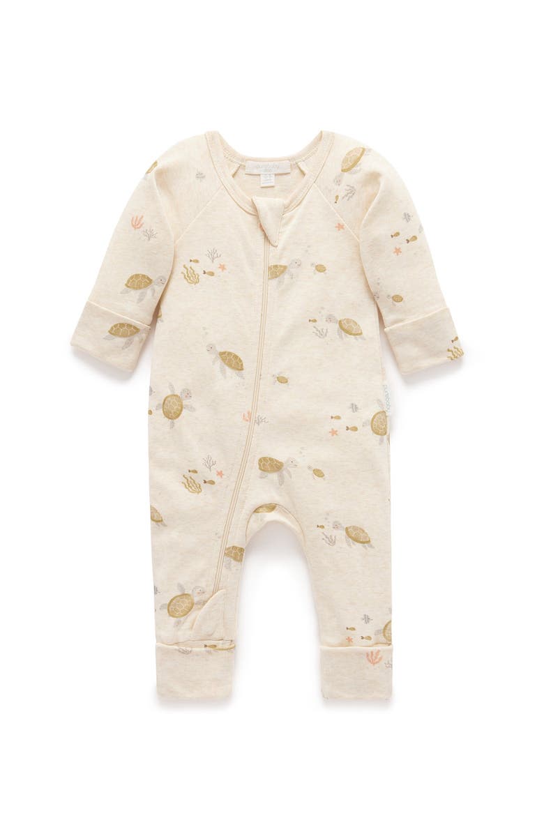 Purebaby Rib Zip Printed Romper Turtle Print, Main, color, Little Turtles Print