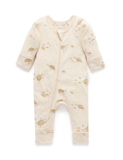 Rib Zip Printed Romper Turtle Print