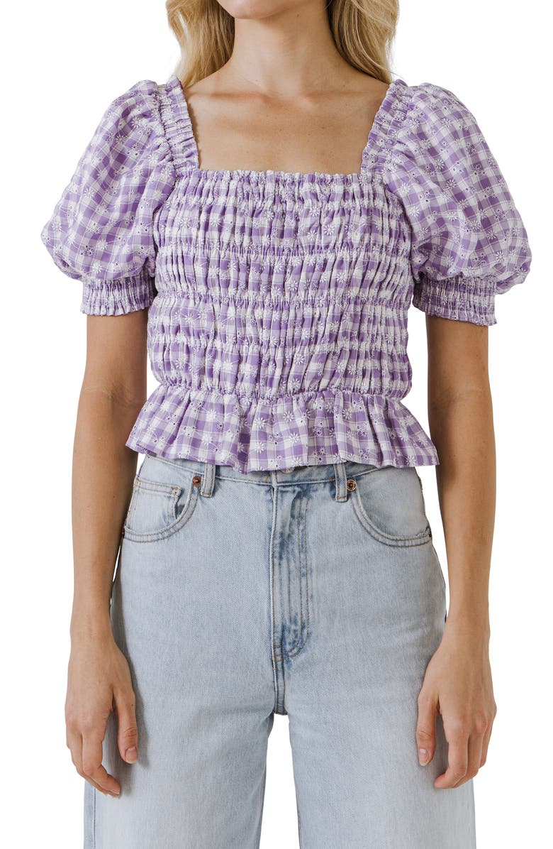 English Factory Embroidered Smocked Top, Alternate, color, Purple