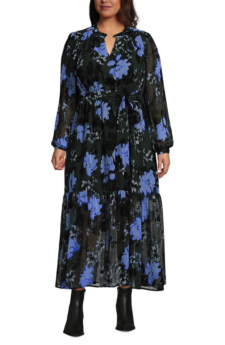 Lands' End Chiffon Tiered Long Sleeve Maxi Dress, Main, color, Evening Forest Painted Floral