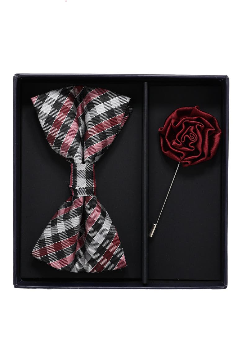 Bow Tie & Lapel Pin Set, Main, color, BLACK/ LIGHT GREY/ BURGUNDY