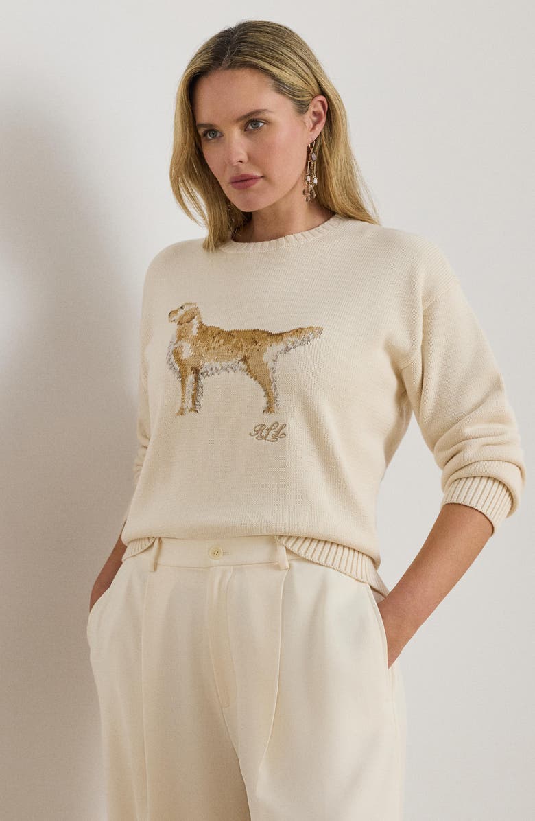 Lauren Ralph Lauren Intarsia Golden Retriever Cotton Sweater, Alternate, color, Mascarpone Cream