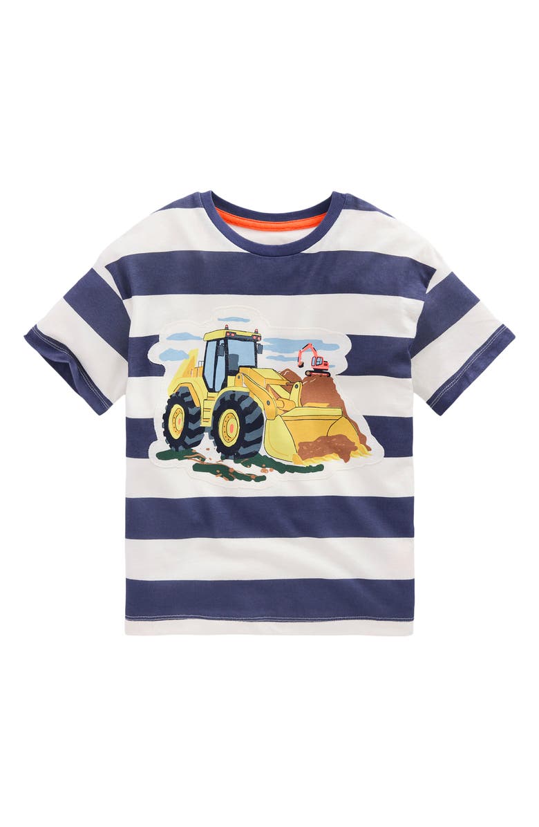 Mini Boden Kids' Cotton Graphic T-Shirt, Main, color, College Navy Stripe Digger