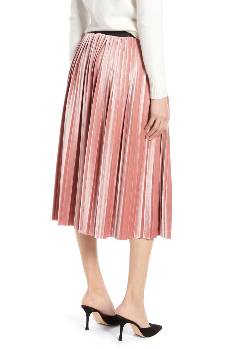 Velvet Pleated Midi Skirt, Alternate, color, PINK MESA