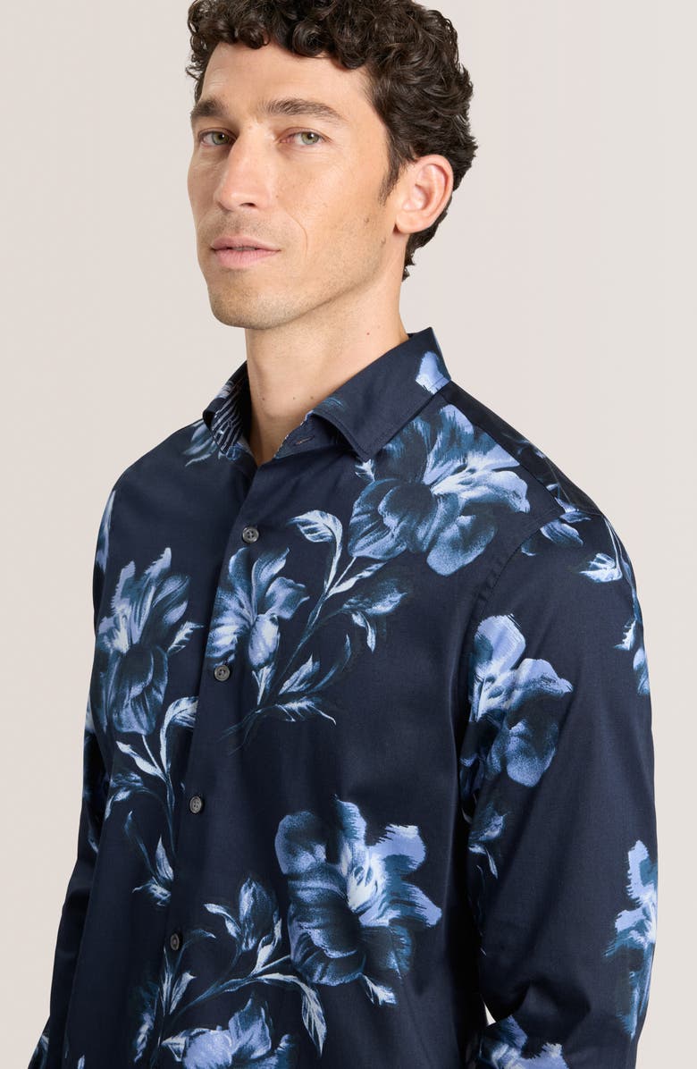 Ted Baker Soren Digital Floral Print Stretch Cotton Dress Shirt, Alternate, color, Blue Nights