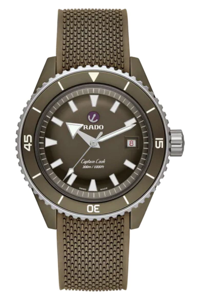 Captain Cook High Tech Ceramic Automatic Rubber Strap Watch, 43mm, Main, color, OLIVE GREEN
