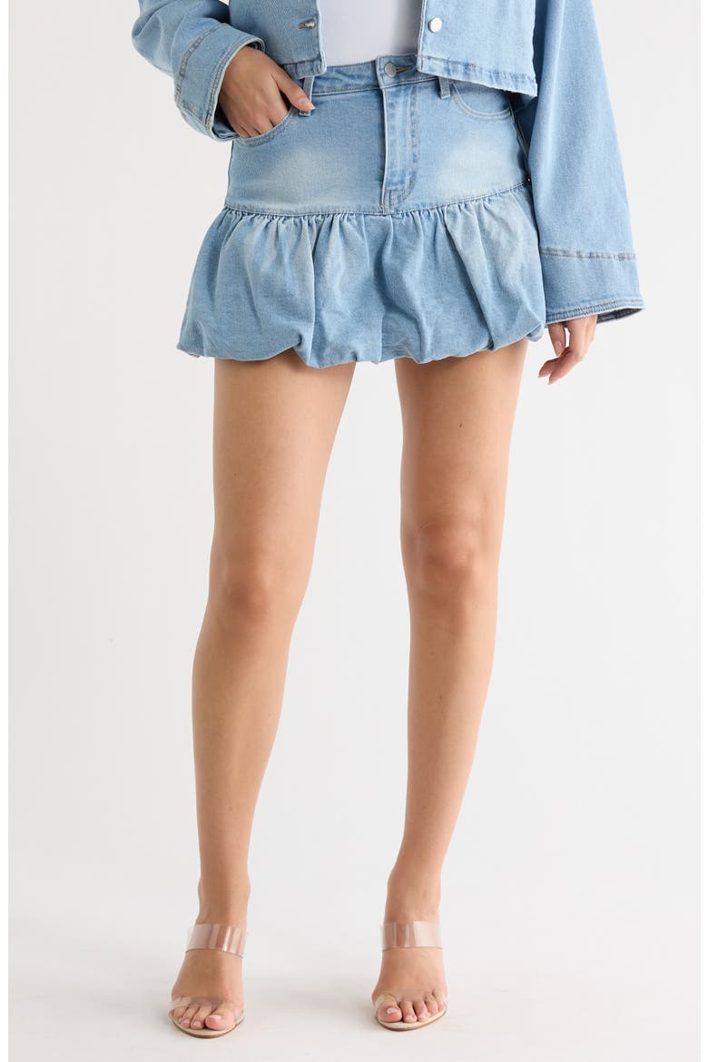 Cassie Bubble Hem Denim Miniskirt, Main, color, SUNRISE VINTAGE WASH