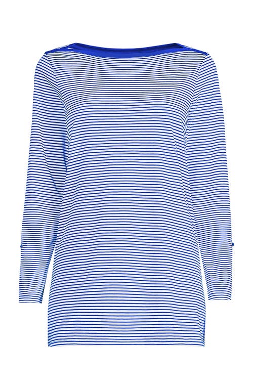 Lands' End Plus Size Supima Cotton Adjustable 3/4 Sleeve Boatneck Tunic In Cobalt/ivory Micro Stripe