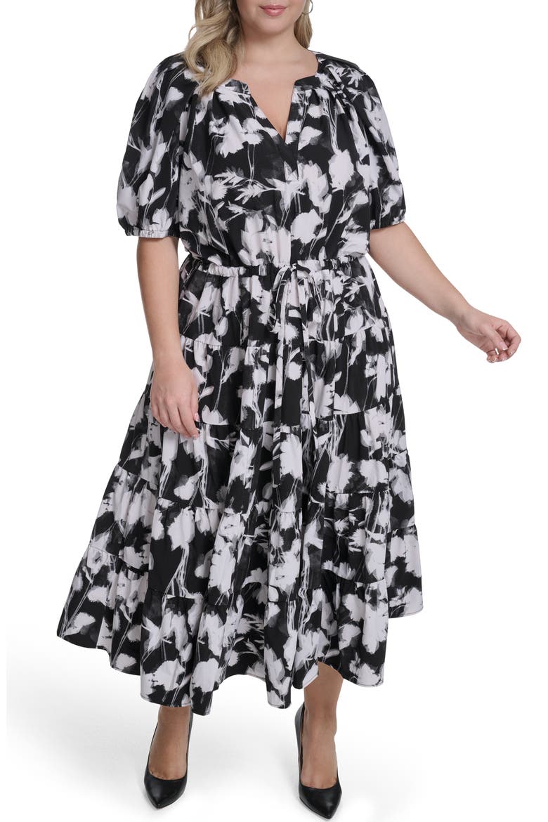 Floral Elbow-Length Sleeve A-Line Midi Dress, Alternate, color, BLACK/ WHITE