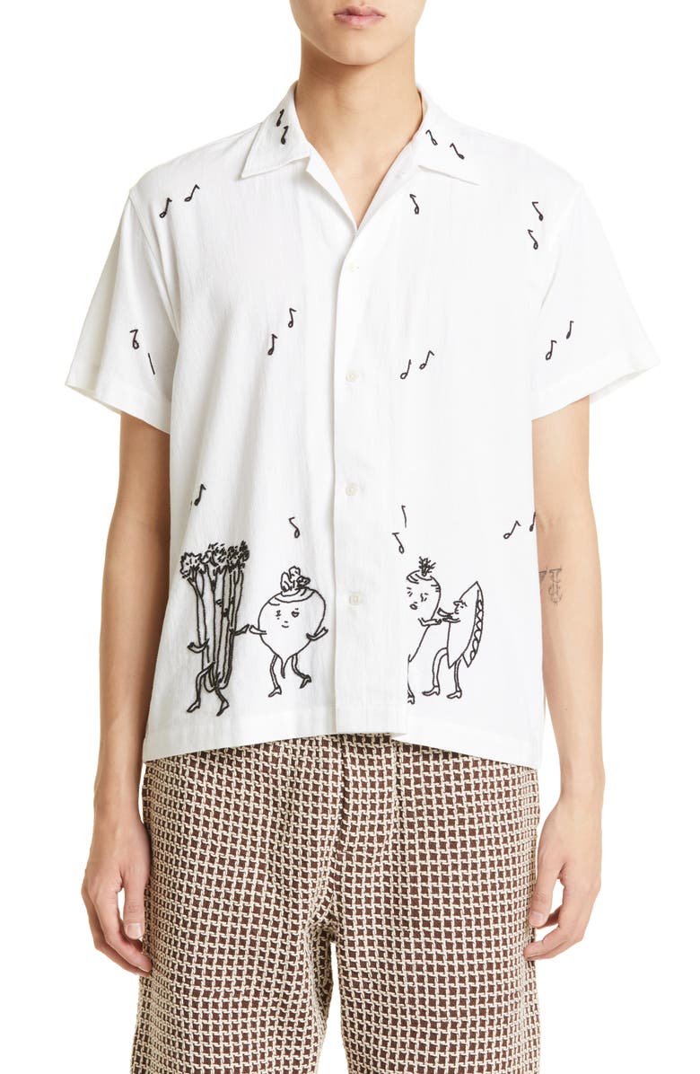 Bode Dancing Pantry Embroidered Short Sleeve Cotton Button-Up Shirt, Main, color,