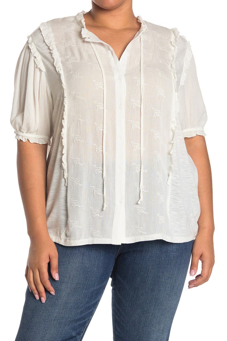 Short Sleeve Ruffled Button Up Top, Main, color, WHITE