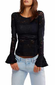 Free People Bell Sleeve Sheer Cotton Blend Lace Top