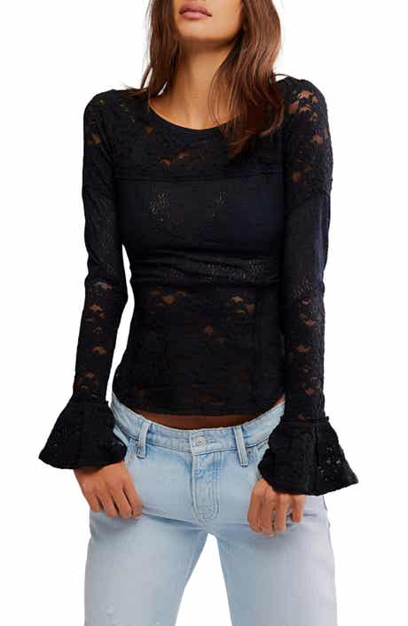 Free People Bell Sleeve Sheer Cotton Blend Lace Top