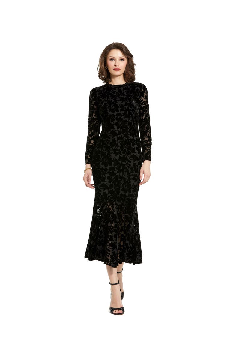 Burnout Velvet Long Sleeve Ruffle Hem Midi Dress, Alternate, color, Black