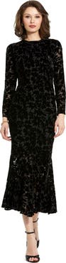 Mac Duggal Burnout Velvet Long Sleeve Ruffle Hem Midi Dress