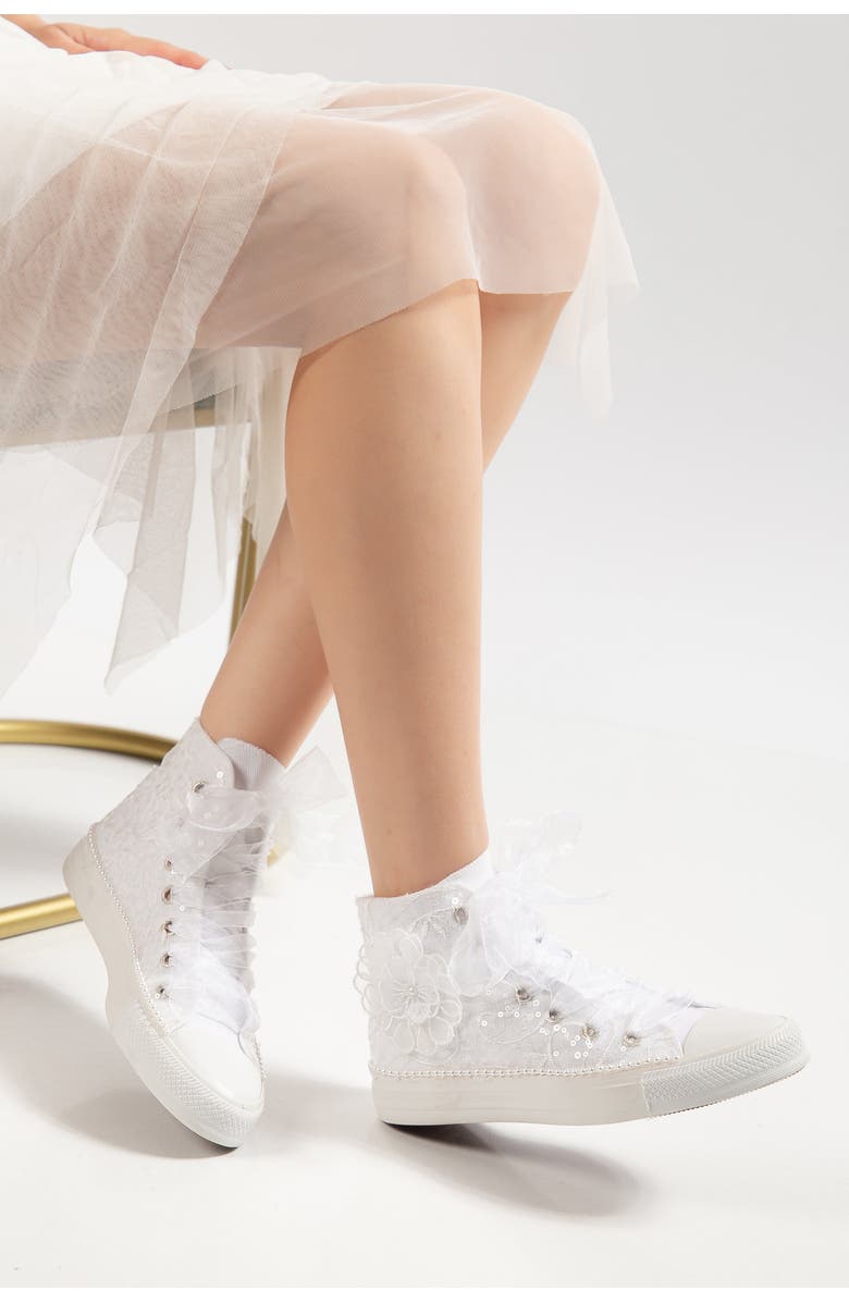 Forever & Always Shoes Mariselle Pearl Lace Bridal High Top Sneaker, Alternate, color, Ivory
