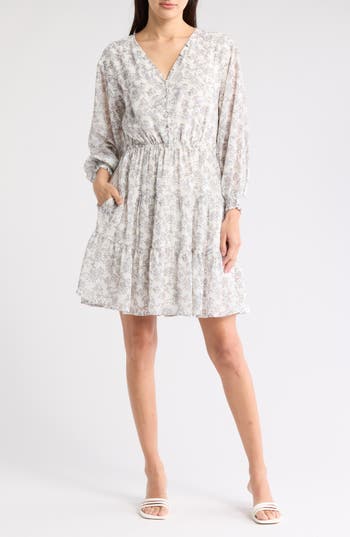 Wishlist Floral Long Sleeve Tiered Minidress In Cream Combo