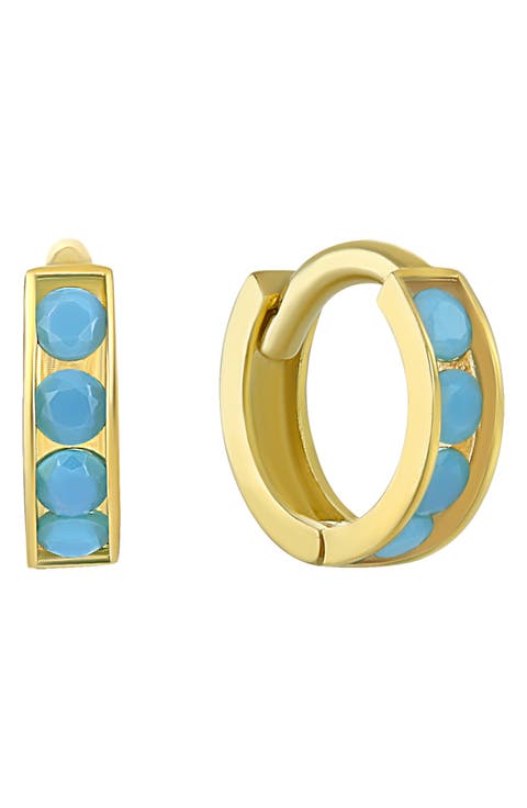 14K Yellow Gold Turquoise Huggie Hoop Earrings