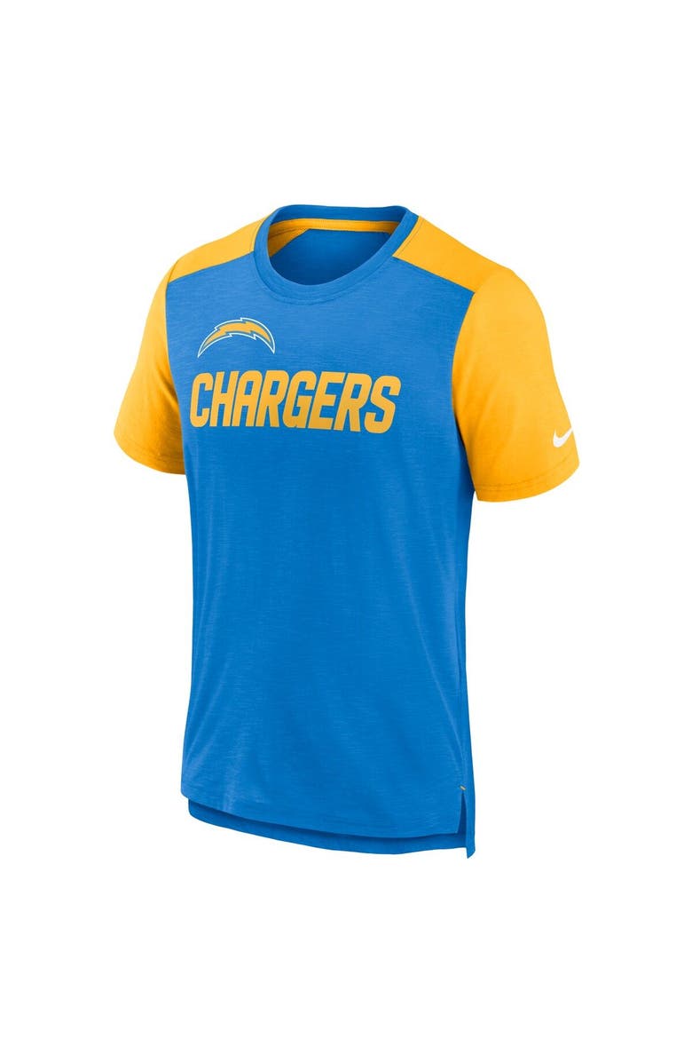 Nike Men's Nike Heathered Powder Blue/Heathered Gold Los Angeles Chargers Color Block Team Name T-Shirt, Alternate, color, Powder Blue