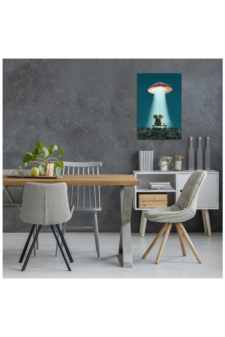 Elephant And Dog Look At A Flying Mushroom by Mike Kiev Canvas Wall Art, Alternate, color, BLUE/ GREEN