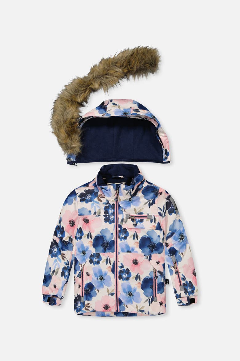 Play Flower Faux Fur Hood Jacket & Pants Two Piece Snowsuit, Alternate, color, Watercolor Flower Print