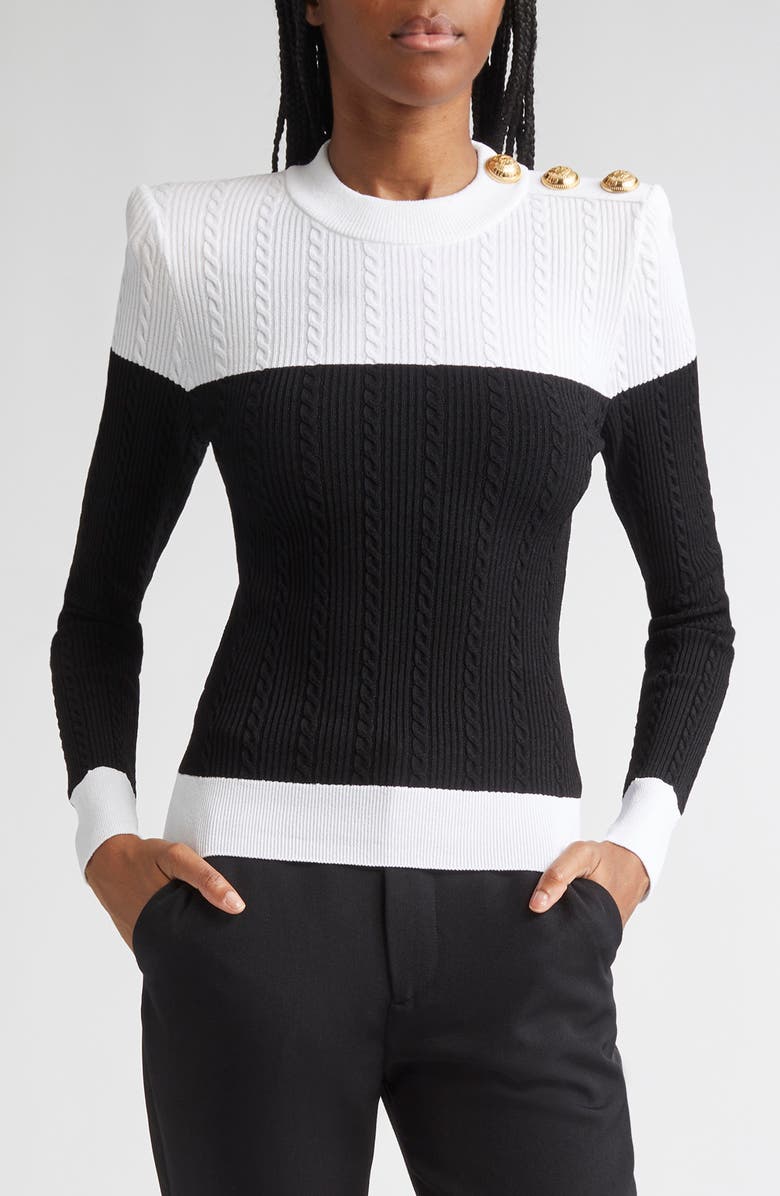 Balmain Twisted Cable Knit Sweater, Main, color, Black/ White