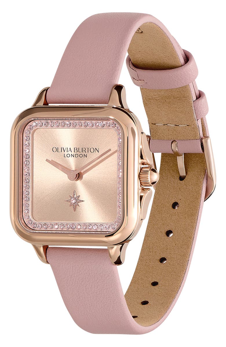 Olivia Burton Grosvenor Leather Strap Watch, 28mm, Alternate, color, Rose
