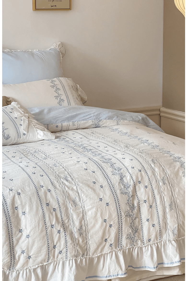 Embroidered French Lace Ruffle Duvet Cover, Alternate, color, Blue
