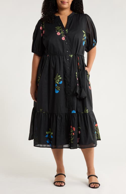 Sugarlips Hester Floral Beth Tiered Cotton Midi Dress In Black