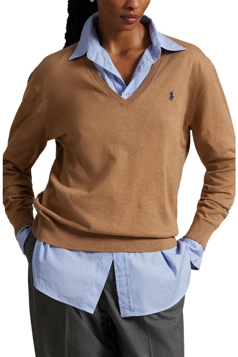 Relaxed Cotton V-Neck Sweater, Main, color, COLLECTION CAMEL MELANGE