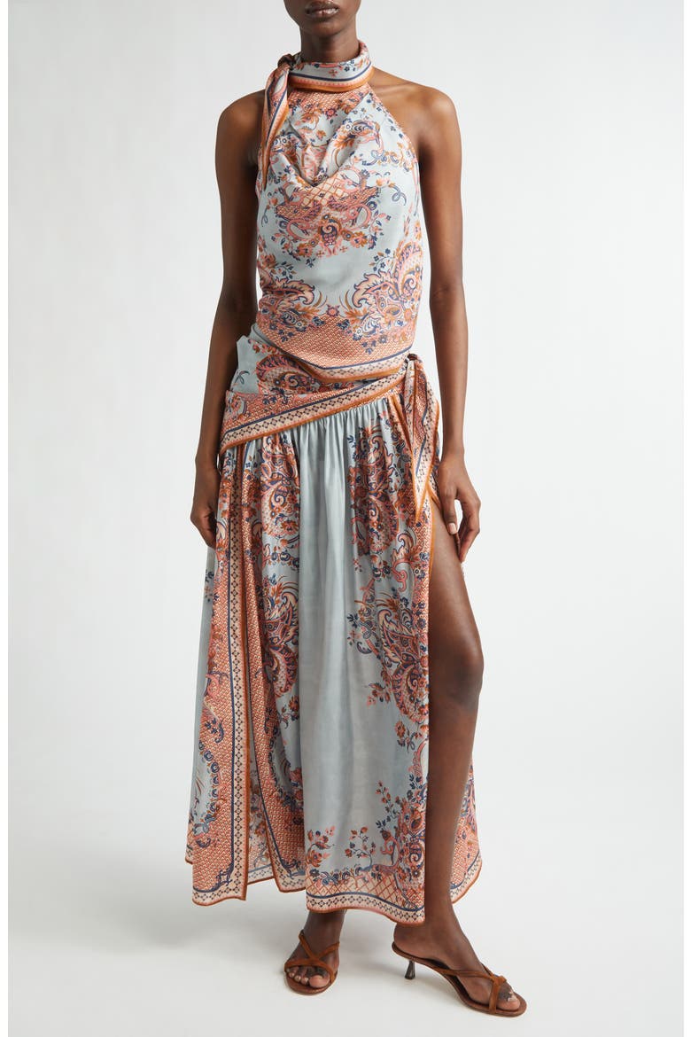 Aster Paisley Scarf Tie Silk Halter Top, Alternate, color, BLUE PAISLEY FLORAL
