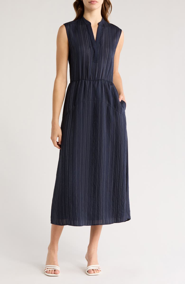 Vince Drapey Striped Tiered Dress, Main, color, Coastal/ Optic White