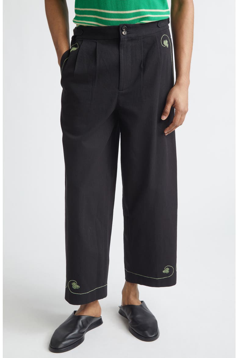 Lucky Draw Embroidered Cotton Twill Wide Leg Ankle Pants, Main, color, BLACK