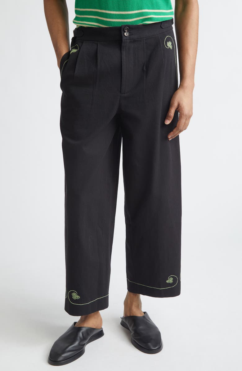 Bode Lucky Draw Embroidered Cotton Twill Wide Leg Ankle Pants, Main, color, Black