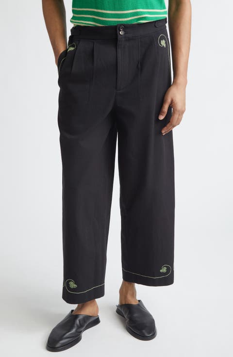 Lucky Draw Embroidered Cotton Twill Wide Leg Ankle Pants