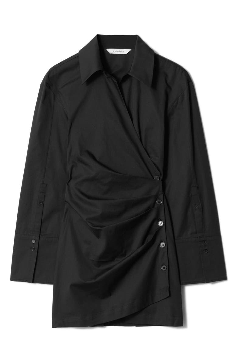 & Other Stories Ruched Long Sleeve Cotton Mini Shirtdress, Alternate, color, Black Dark