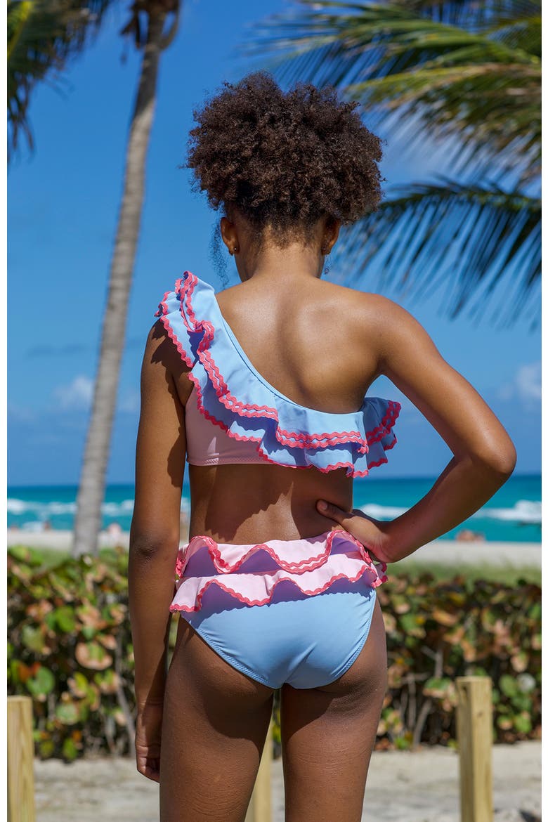 One-Shoulder Multi-Ruffle with Ric-Rac Detail Two-Piece Bikini, Alternate, color, Multicolor
