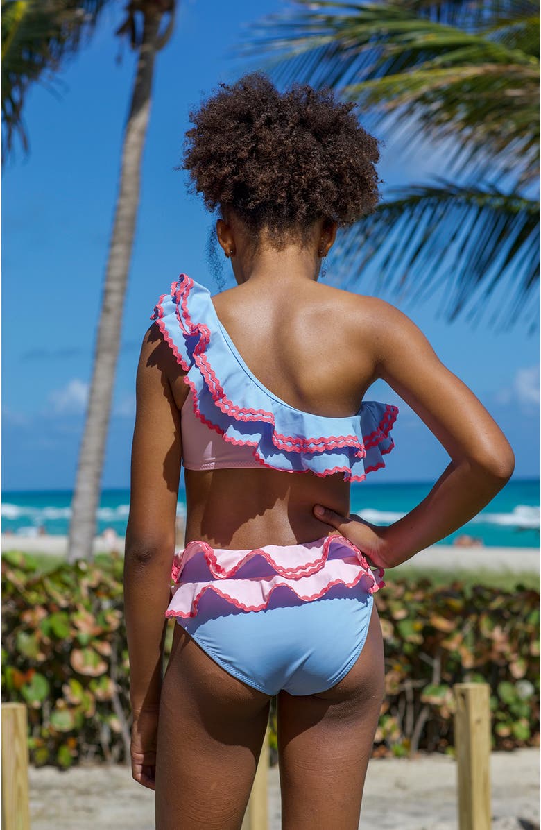 NESSI BYRD One-Shoulder Multi-Ruffle with Ric-Rac Detail Two-Piece Bikini, Alternate, color, Multicolor