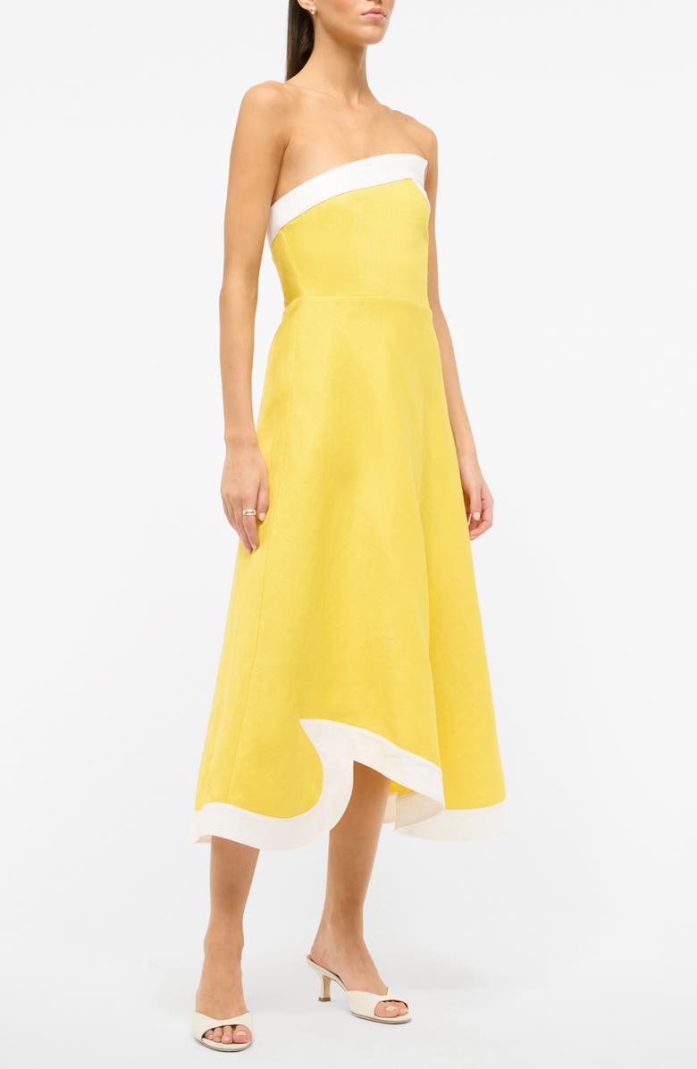 STAUD Contrast Detail Strapless Linen Dress, Alternate, color, 