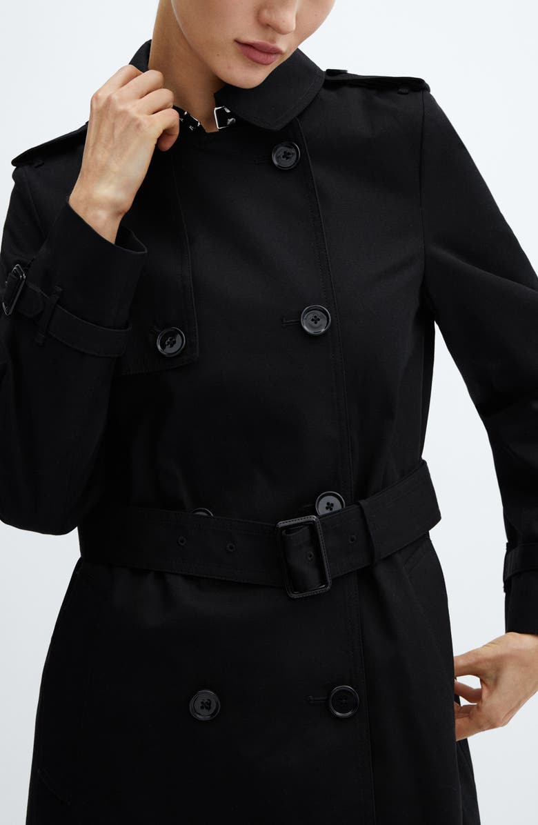 MANGO Classic Double Breasted Water Repellent Cotton Trench Coat, Alternate, color, Black