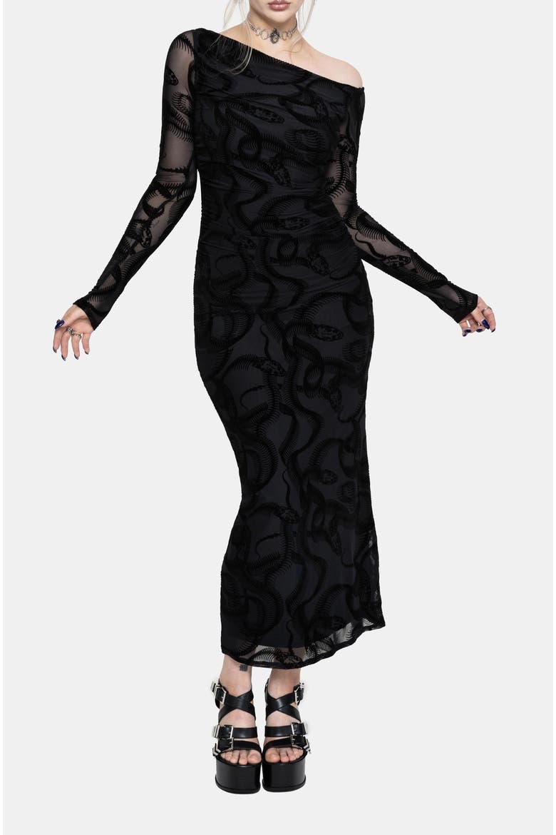 Paleo Flocked Mesh Maxi Dress, Main, color, Black