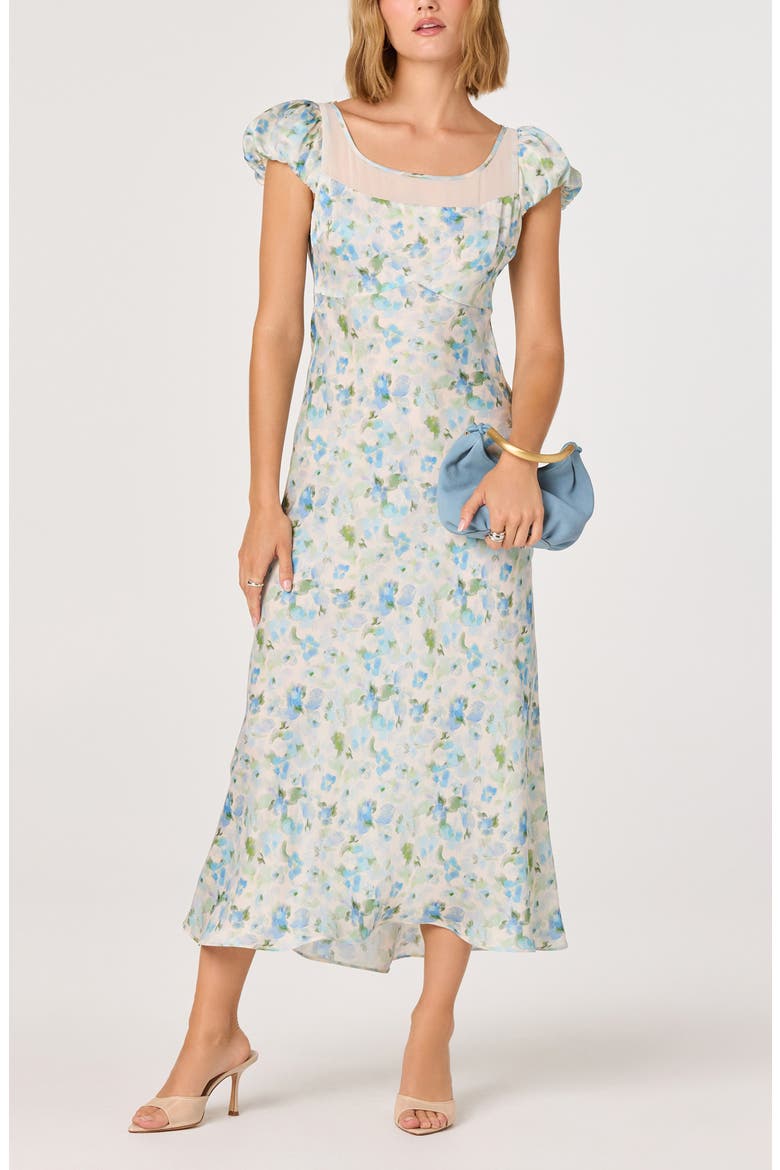 Erma Floral Puff Sleeve Empire Waist Midi Dress, Main, color, BLUE FLORAL