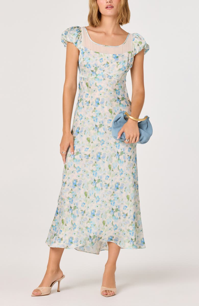 ASTR the Label Erma Floral Puff Sleeve Empire Waist Midi Dress, Main, color, Blue Floral