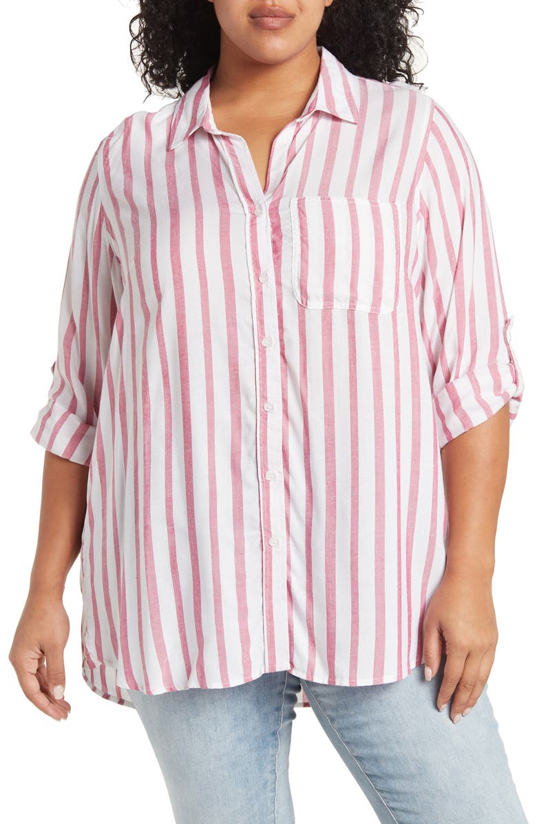 VELVET HEART Elisa Stripe Roll-Sleeve Button Front Shirt, Main, color, 