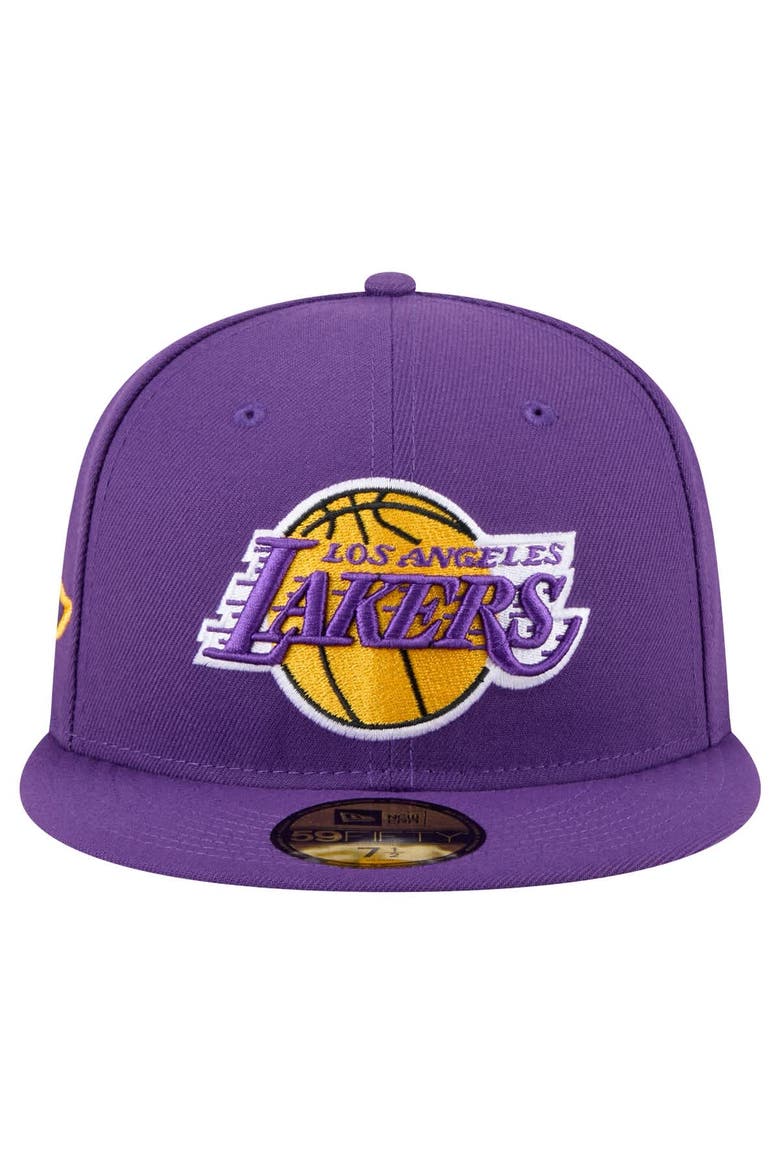 Men's New Era Purple Los Angeles Lakers Throwback Pennant 59FIFTY Fitted Hat, Alternate, color, Purple