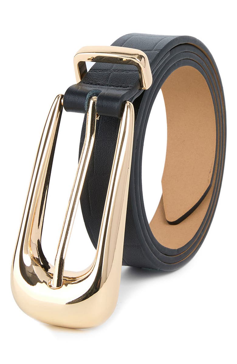 Ettika Snakeskin Print Leather Belt, Alternate, color, Black And Gold