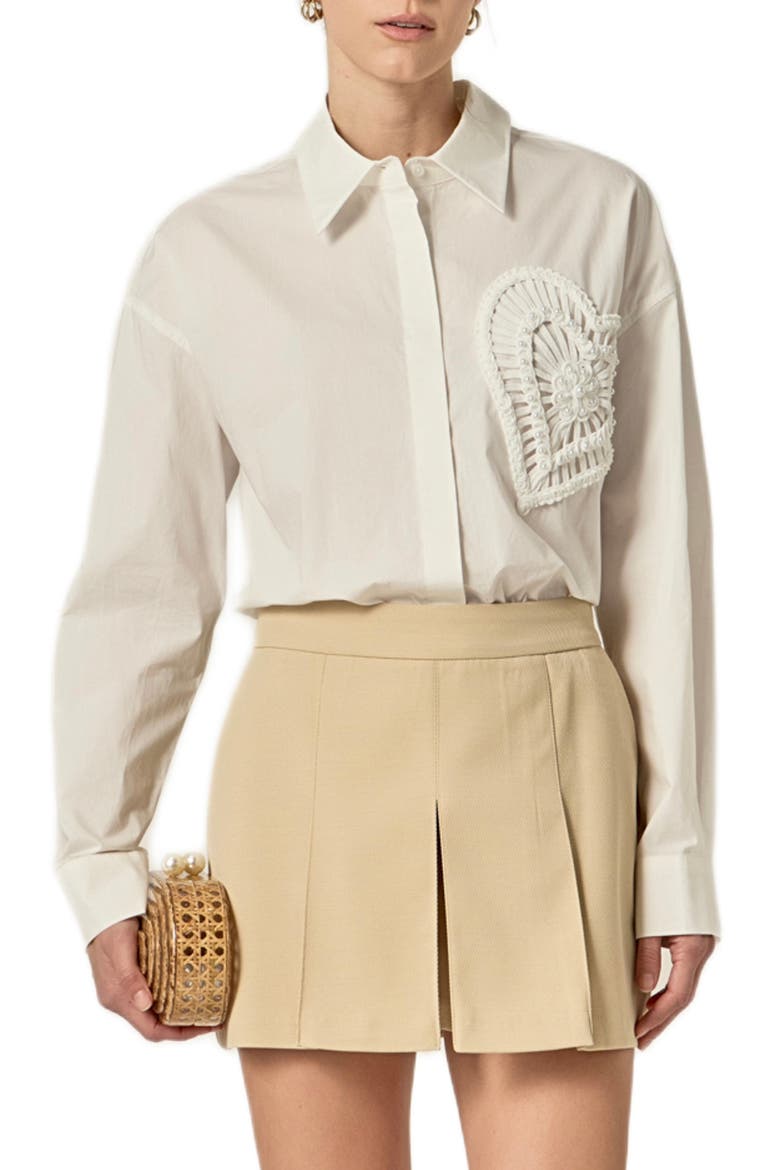Faux Pearl Embellished Heart Button-Up Shirt, Main, color, WHITE