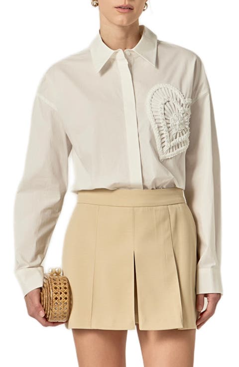 Faux Pearl Embellished Heart Button-Up Shirt